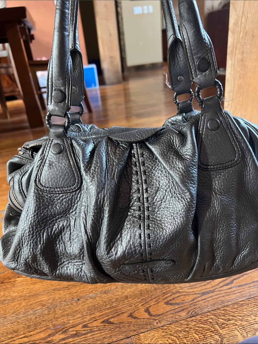 Cole Haan Village Triple Zip Metallic Pewter Leather Satchel Shoulder Bag